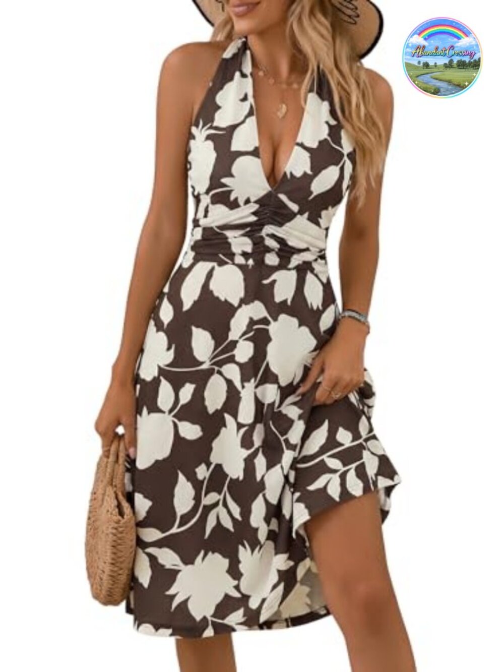 Sleeveless Halter Neck Floral Sundress with Pocket Ruched Mini Dress